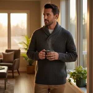 Duluth Trading Co Shawl Collar Sweater Men’s 3XL Tall Gray Cotton Wool Knit